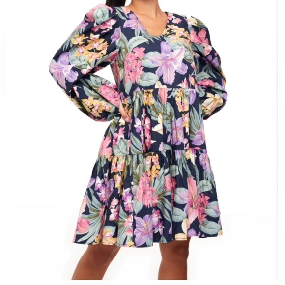 YAS Flower AOP Cotton 3/4 Sleeves Sky Captain Short Dress Sz XS Cottage Prairie - Picture 1 of 15